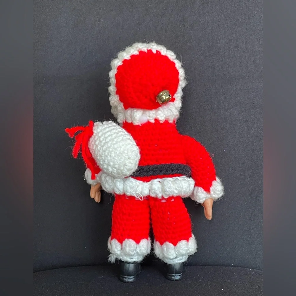 Vintage Crochet Santa Doll Pladtic Face Hands Boots 11” Jingle Bells Toy Sack